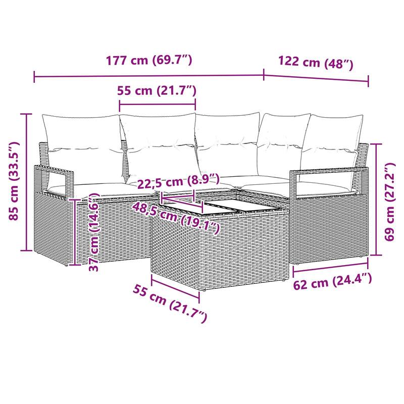 vidaXL 4/5 Garden Sofa Set with Cushions Black/Brown/Grey Poly Rattan - 69.7 x 48 x 27.2