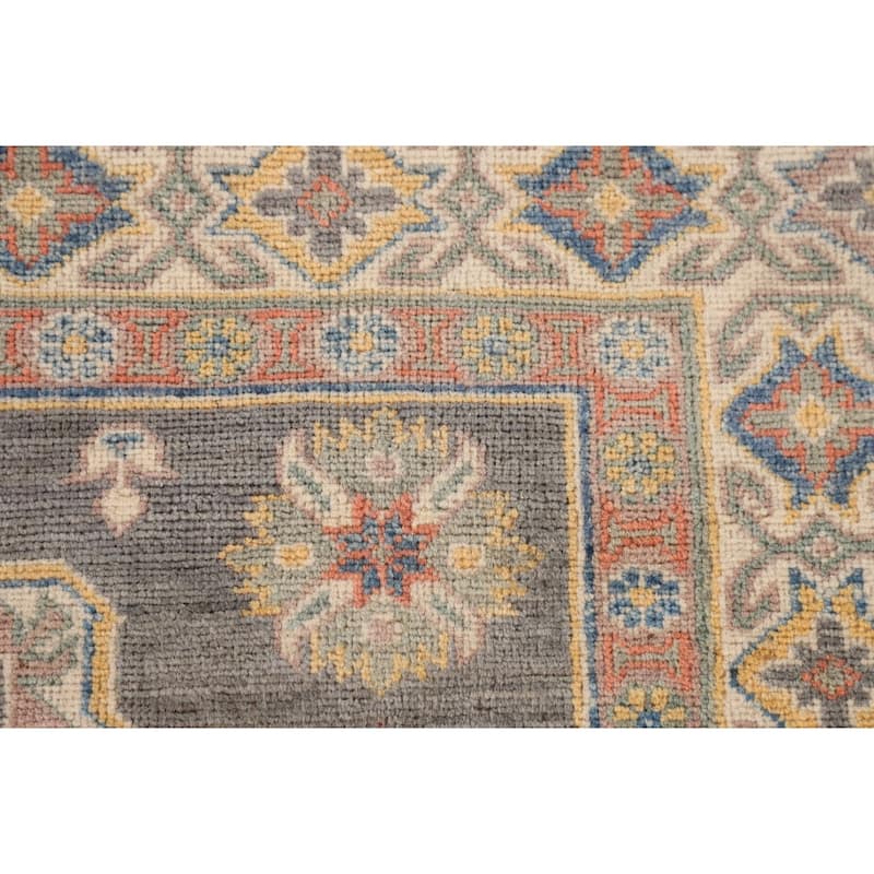 Gray Geometric Kazak Area Rug Handmade Wool Carpet - 4'0"x 5'11"