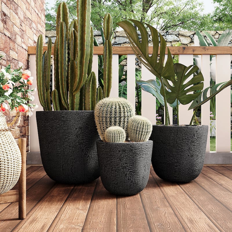 Roomfitters Lightweight MGO Planter Set of 3, Round Weather Resistant Outdoor Indoor Flower Pots for Garden Patio - Black