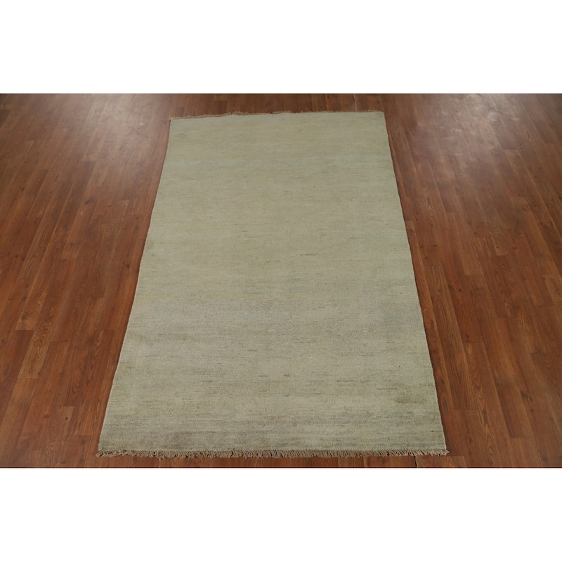 Muted Green Gabbeh Modern Rug Hand-Knotted Wool Carpet - 3'10"x 5'10"