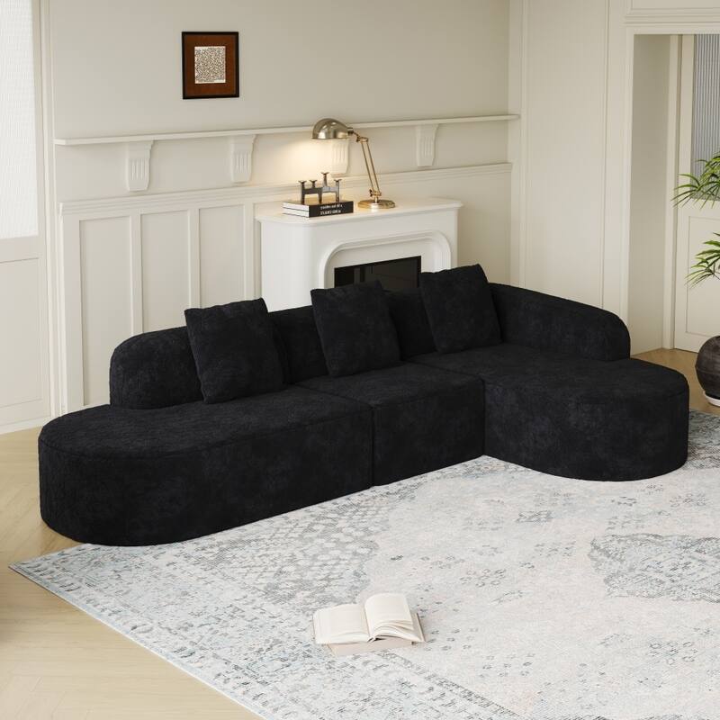 111.8" Modern L-shaped Curved Modular Sofa with Three Pillows - Black - Left Facing