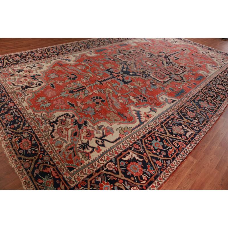 Pre-1900 Antique Vegetable Dye Heriz Serapi Persian Large Wool Carpet - 10'10"x 18'3"