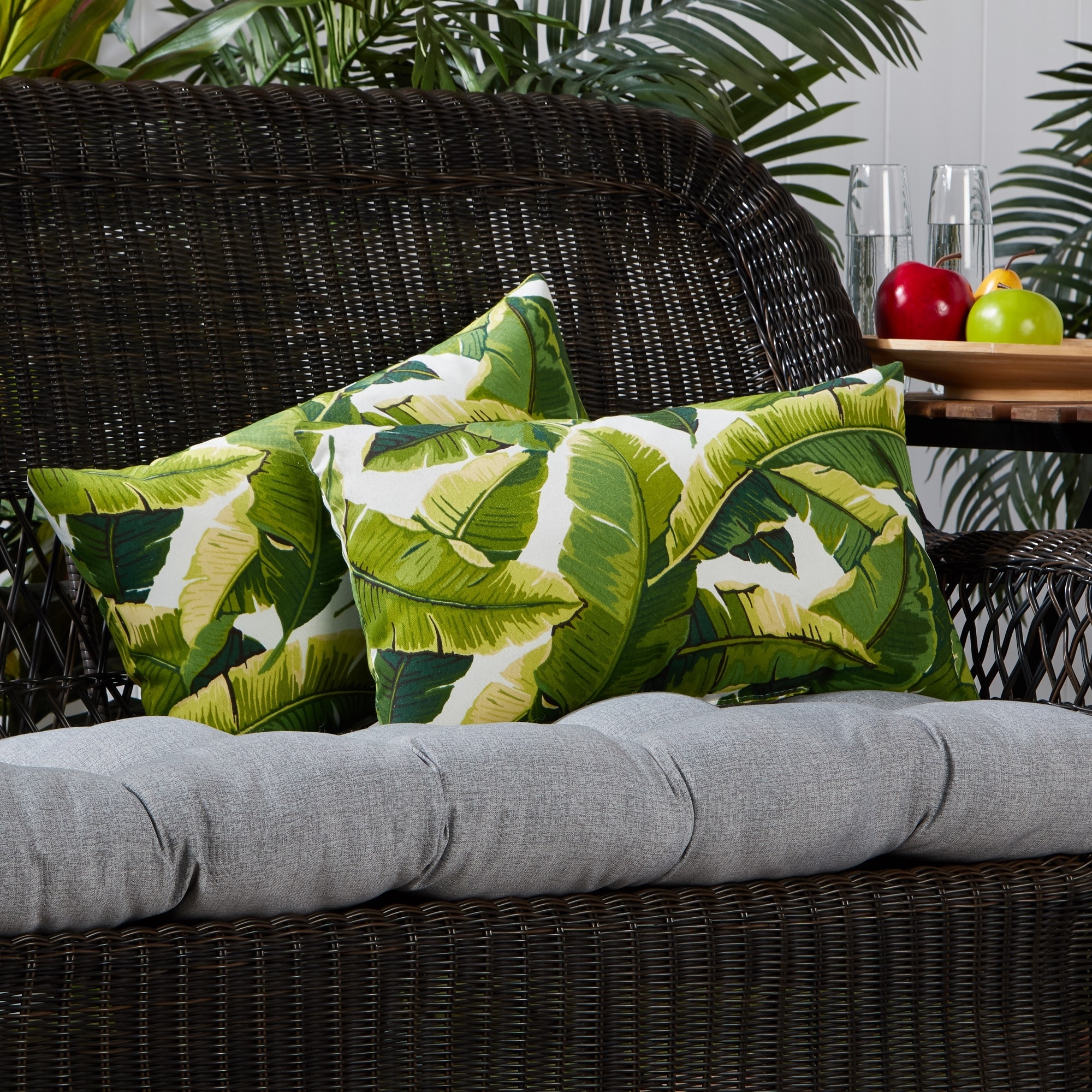 Palm Leaves White Outdoor Lumbar Pillows (Set of 2)