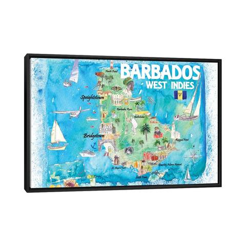 iCanvas "Barbados Antilles Illustrated Caribbean Map,West Indies Island Dream" by Markus & Martina Bleichner Framed Canvas Print