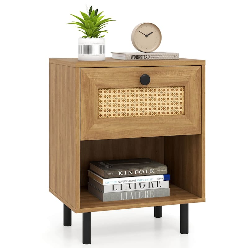 Costway 1/2 PCS Rattan Nightstand Boho End Table with Drawer & Open - See Details - Natural-1 PCS