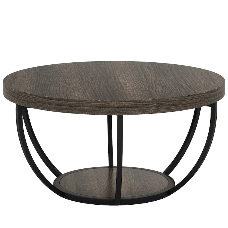 Round Coffee Table, 31.7" Wooden 2-Tier Circle Coffee Table with Storage Shelves, Accent Cocktail Table Center Table