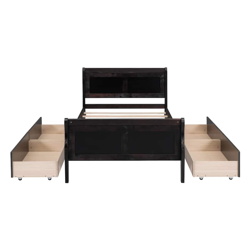 Twin Size Wood Platform Bed with 4 Drawers and Streamlined Headboard & Footboard