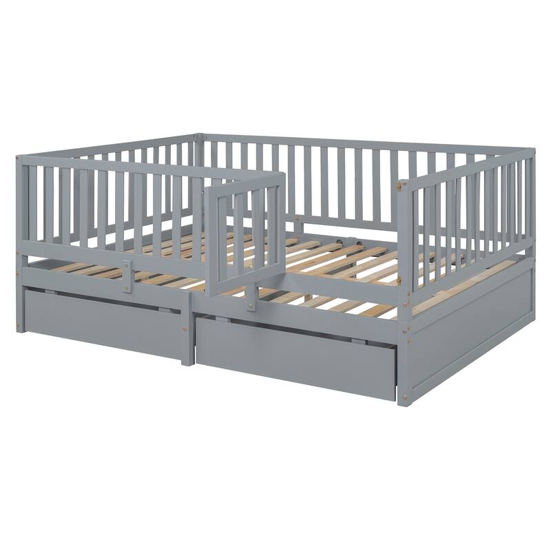 Full Size Wood Daybed with Fence Guardrails and 2 Drawers, Converts to Floor Bed or Daybed, Gray
