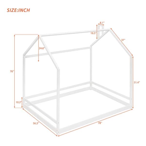 dimension image slide 1 of 4, Semi-Enclosed House Bed for Kids, Full Size Floor Bed with Roof, Playhouse Design, Solid Pine Wood Frame, No Slats