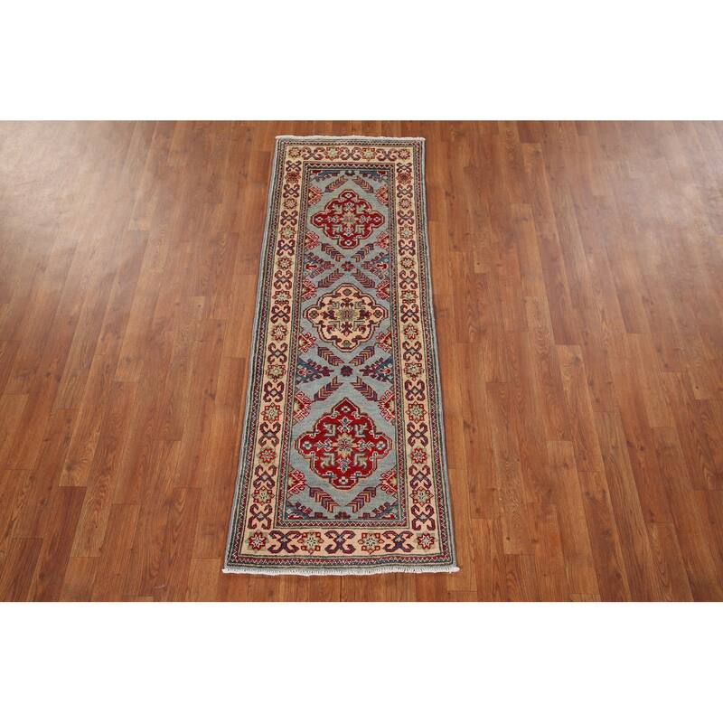 Light Blue Kazak Oriental Runner Rug Handmade Wool Carpet - 2'1" x 5'10"