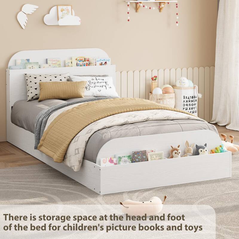 Twin Size Bed Frame, Wooden Beds with Storage Headboard and Raised-Foodboard, Floor Low Platform Bed