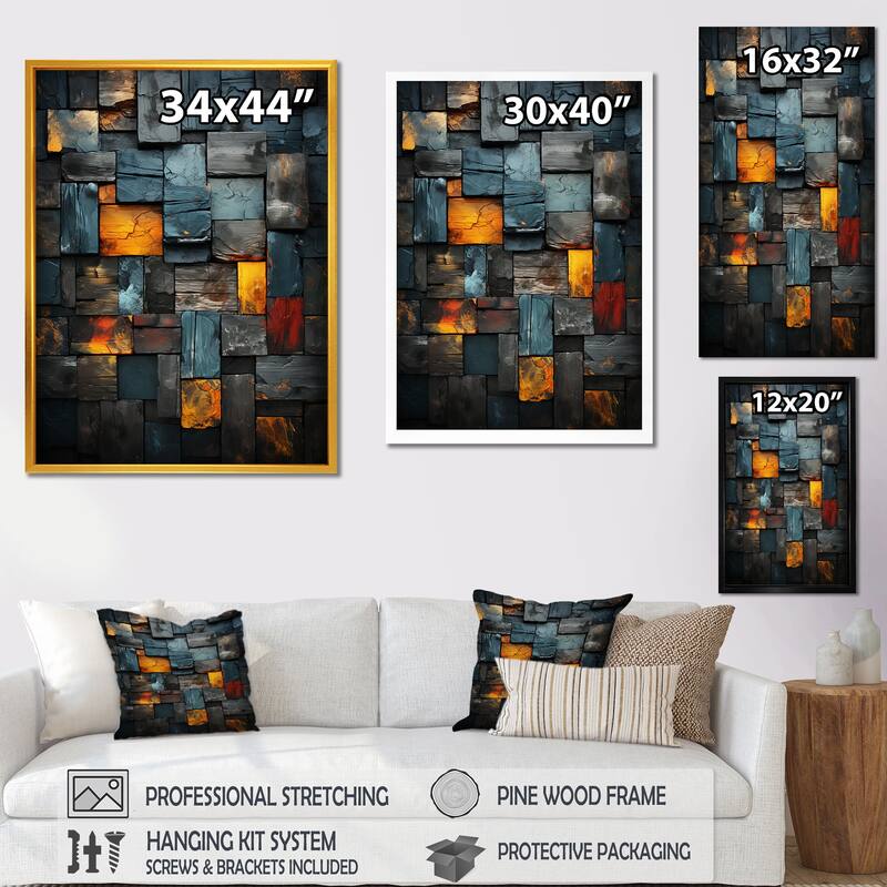 Designart "Grunge Gold Cubes Abstract Geometric VII" Abstract Tile Wall Decor Gold Modern Living Room Framed Canvas Art