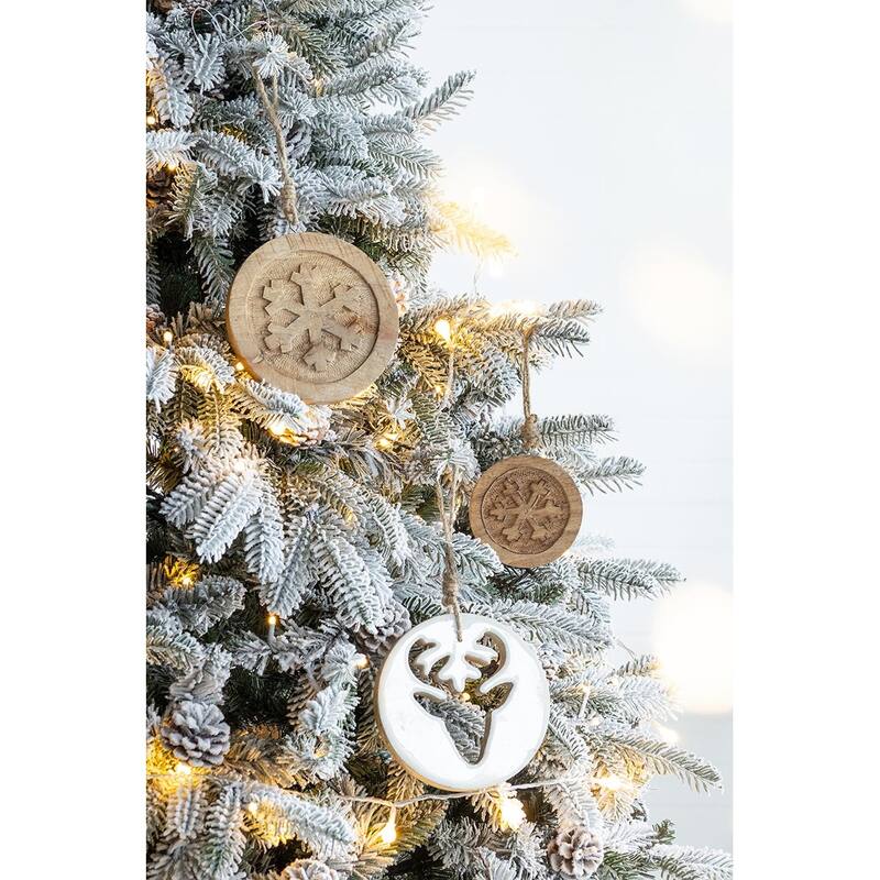 6" x 6" Wooden Hanging Circle With Snowflake Cut, Decorative Hanging Christmas Tree Ornaments for Holiday, Set of 12