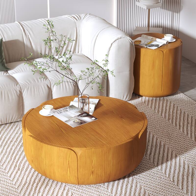 Round Outdoor/Indoor Coffee Table Set, Modern Wood Grain Drum Center Tables