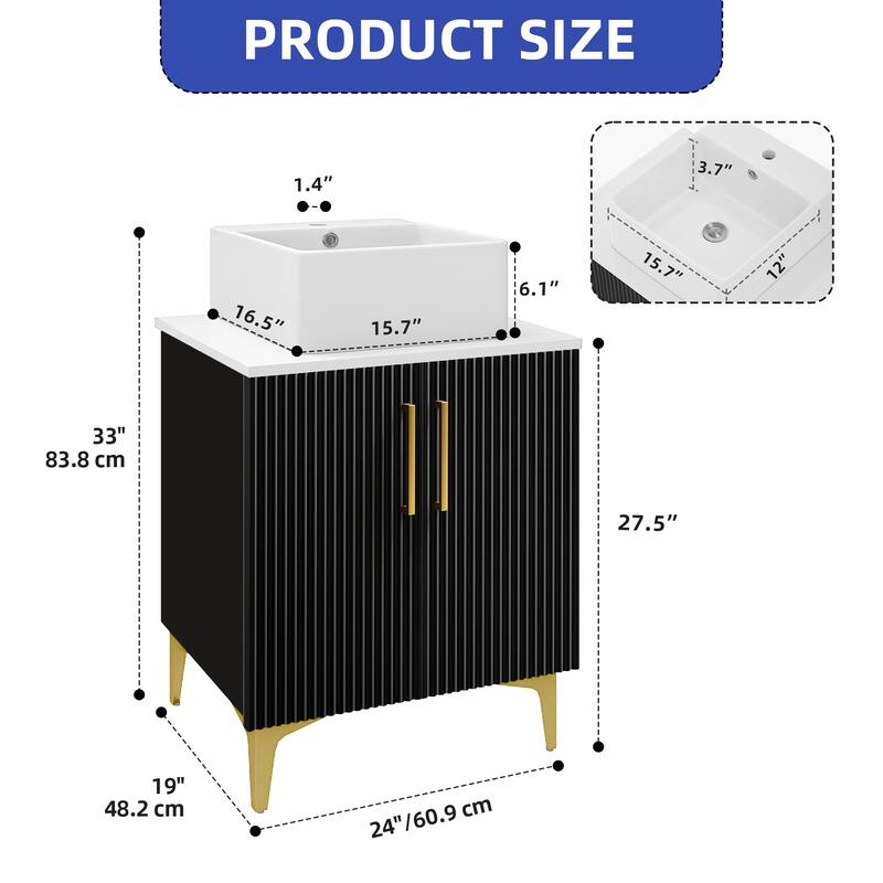 Freestanding Bathroom Vanity with White Stone Top Soft Close Doors and Gold Accents - Black - 24 Inch