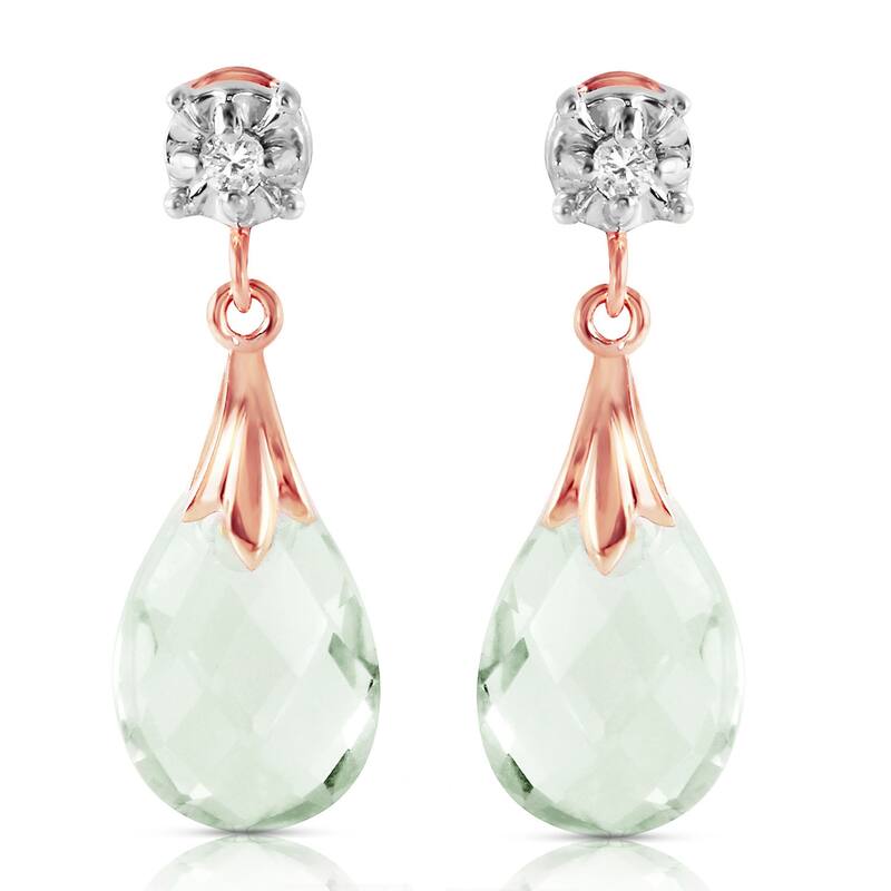 14K Solid Gold Stud Gemstone Earrings Diamond & Green Amethyst - Rose