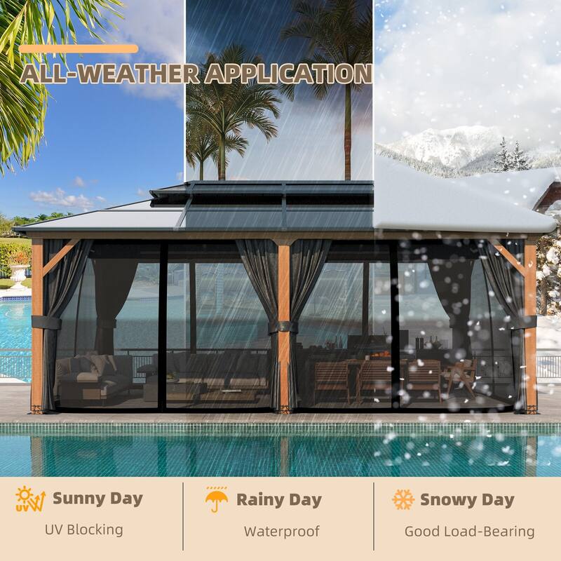 EROMMY Outdoor Wood Gazebo with Double Polycarbonate Roof, Heavy Duty Backyard Patio Pergola Canopy for Garden Shade