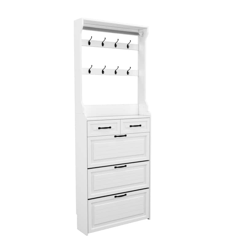 Shoe Cabinet with Hanger, Slim Hidden Shoe Rack Cabinet, Narrow Shoe Cabinet with 3 Flip Drawers & 2 Sliding Drawers
