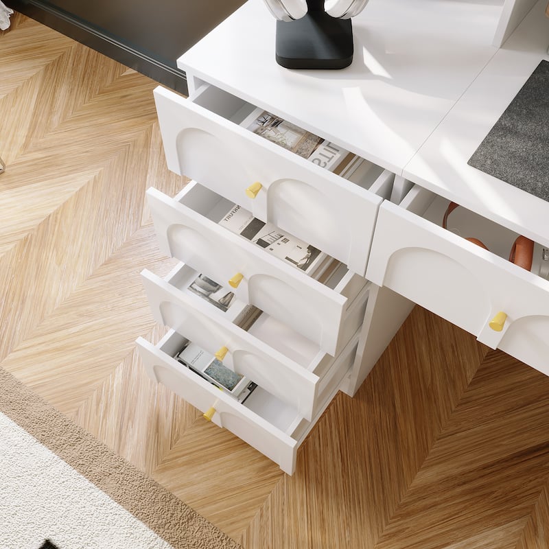 63” Modern White Computer Desk with Hutch & Drawers, Tempered Glass Cabinet Doors, Large Storage Home Office Workstation