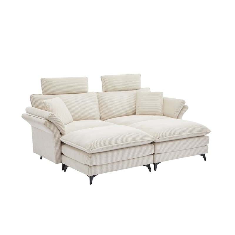 Corduroy Loveseat Sofa, Deep Seat Sectional Sofa wMovable Ottoman & 2 Pillows Upholstered Tufted Couch for Living Room