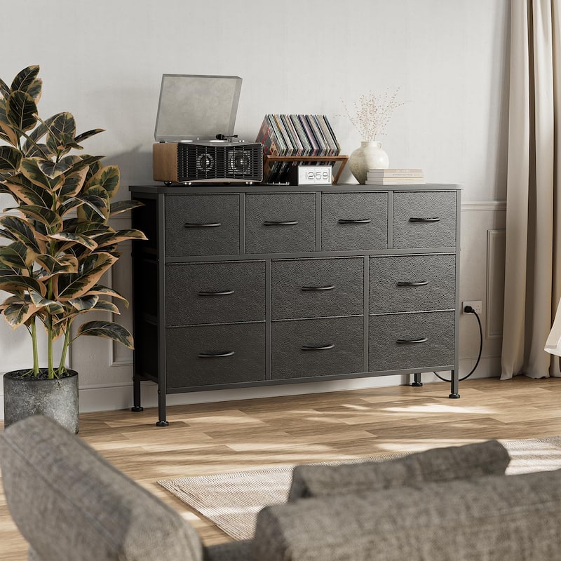 10 Drawer Dresser Fabric 43.3" TV Stand Power Outlet Chest of Drawers - Black PU - 10-drawer