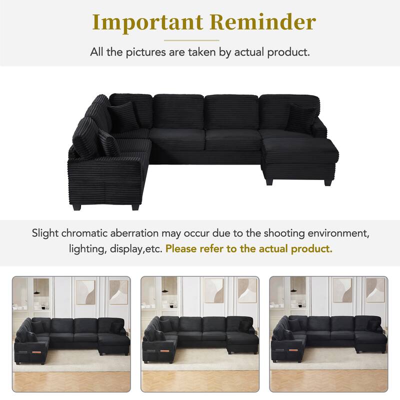 Corduroy U-Shaped Sectional Sofa 125.2" Upholstered Sofa with Movable Footstool and Side Storage Pockets, Pillow