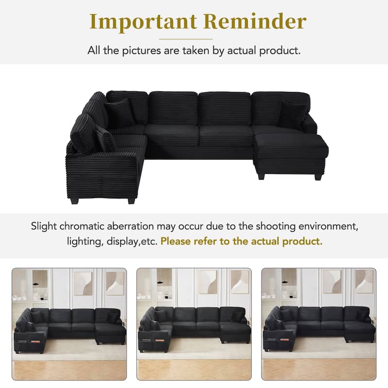 Sectional Sofa U-shaped Sectional 125.2" Upholstered L-shaped Sofa with a Movable Ottoman and Side Storage Pockets