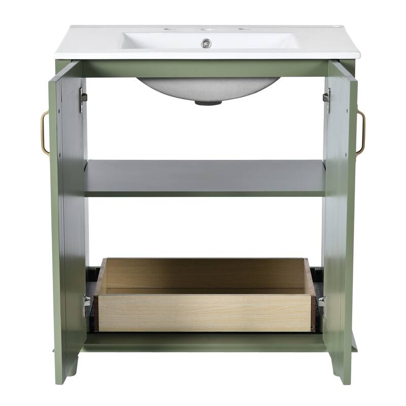 30-Inch Green Bathroom Vanity with Ceramic Sink, Roman Legs, Adjustable Soft-Close Hinges, and Ample Storage