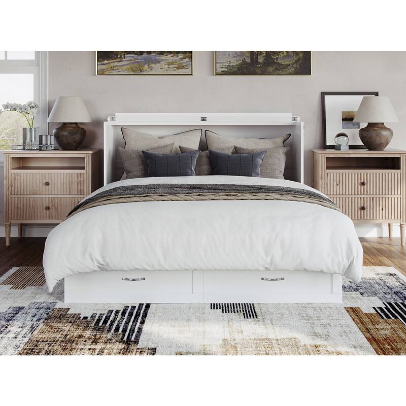 Murphy Bed Chest Solid Wood Queen Size with Mattress USB Charging Station White Finish Home Furniture