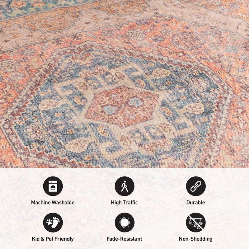 Beige Medallion Flat Pile Washable Rug - Pet Friendly, Non-Slip for Entryway and Bedroom
