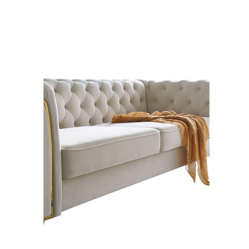Tufted Velvet Sofa 87.4" - Flared Arms, Golden Frame