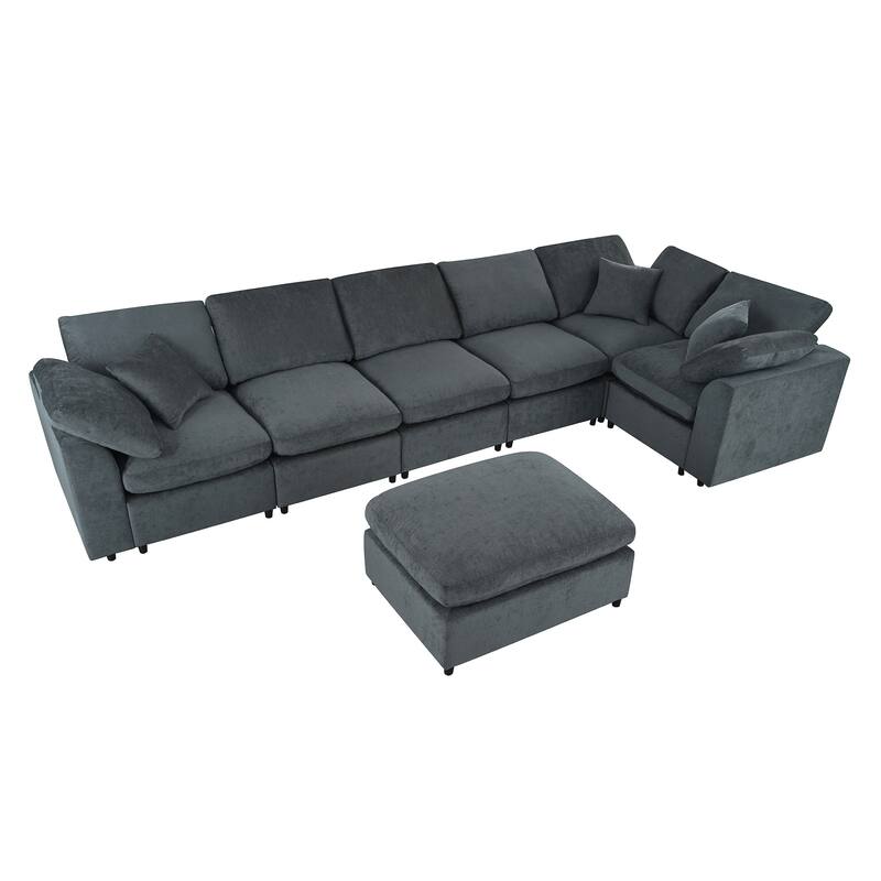 Oversized Modular Sectional Sofa, 7 Seater Corner Sofa, L-Shape Sofa Set with Movable Ottoman, Plush Chenille Fabric Large Sofa