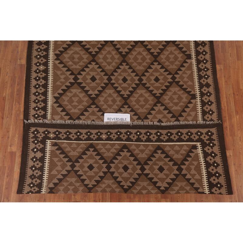 Hand Woven Oriental 100% Wool Carpet Southwestern Geometric Brown Kilim Area Rug - 9' 9'' X 6' 11''