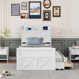 Twin Size Platform Bed with Storage Headboard, Extendable Bed with Twin Size Trundle, Wooden Bed with 3 Storage Drawers, White