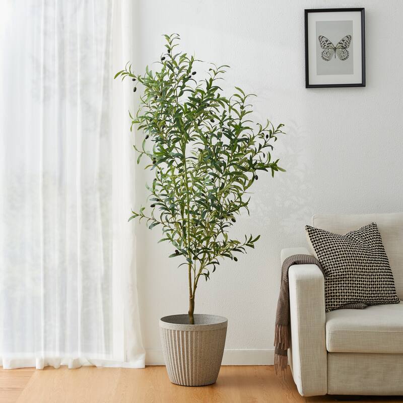 Glitzhome 4/6ft Faux Olive Tree with Black Pot Real Touch Artificial Plant