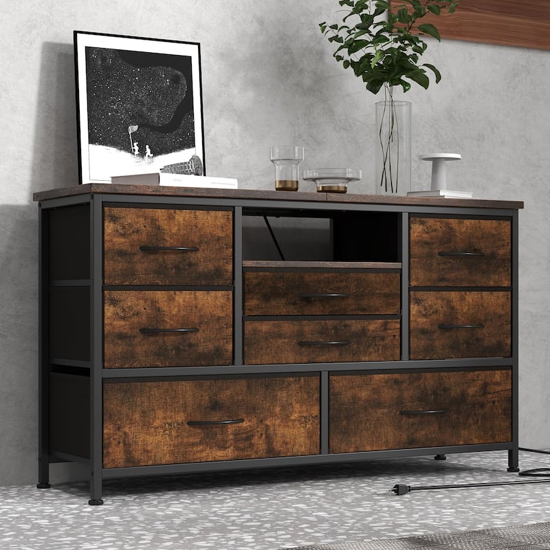 8-Drawer Fabric TV Stand with LED Lights & Built-in Power Outlets - Brown