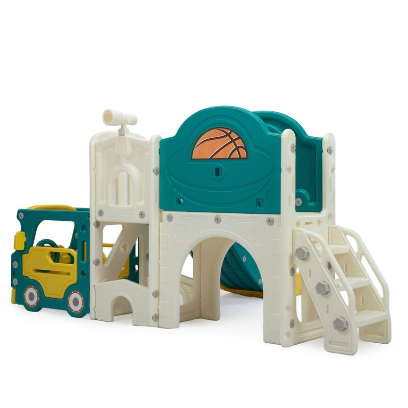 Bus-Themed 9-in-1 Kids Slide & Climbing Playset,Freestanding Castle Playhouse