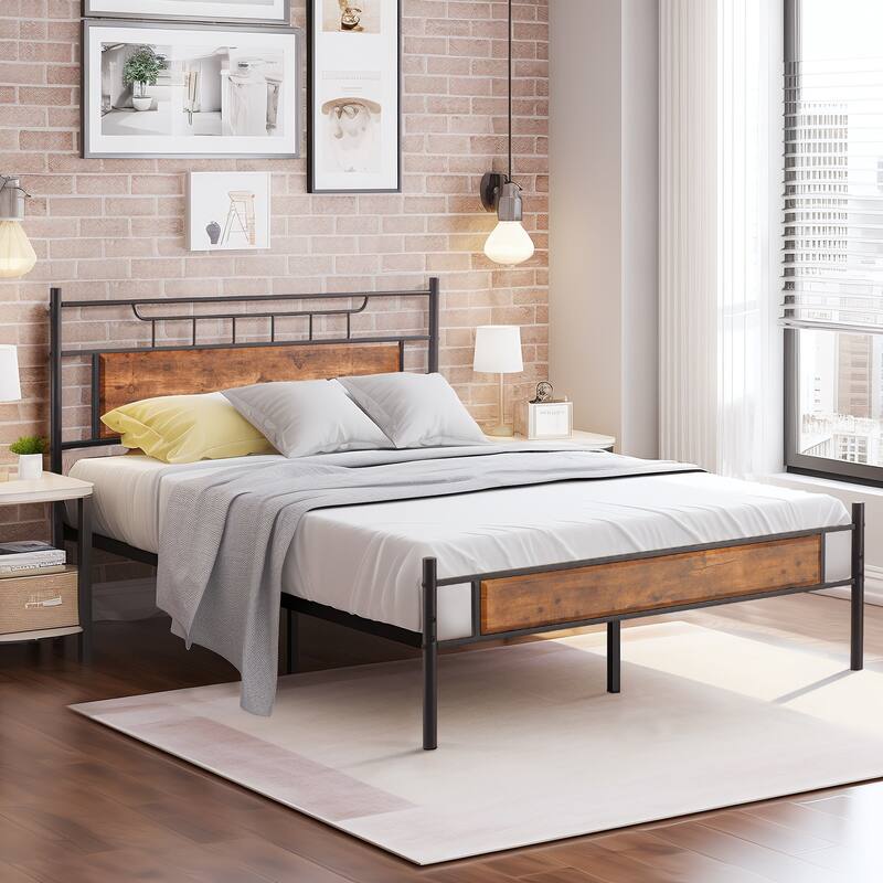 VECELO Industrial Bed Frame with Wood Headboard,Twin/Full/Queen Size Bed, Black/Brown/Slate-3 colors