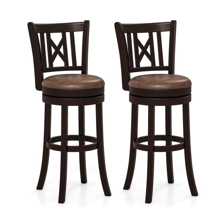 Coffee & Brown Swivel Bar Stools Rubber Wood Counter Chairs with Backrest & Footrest - Coffee & Brown-30 Inches
