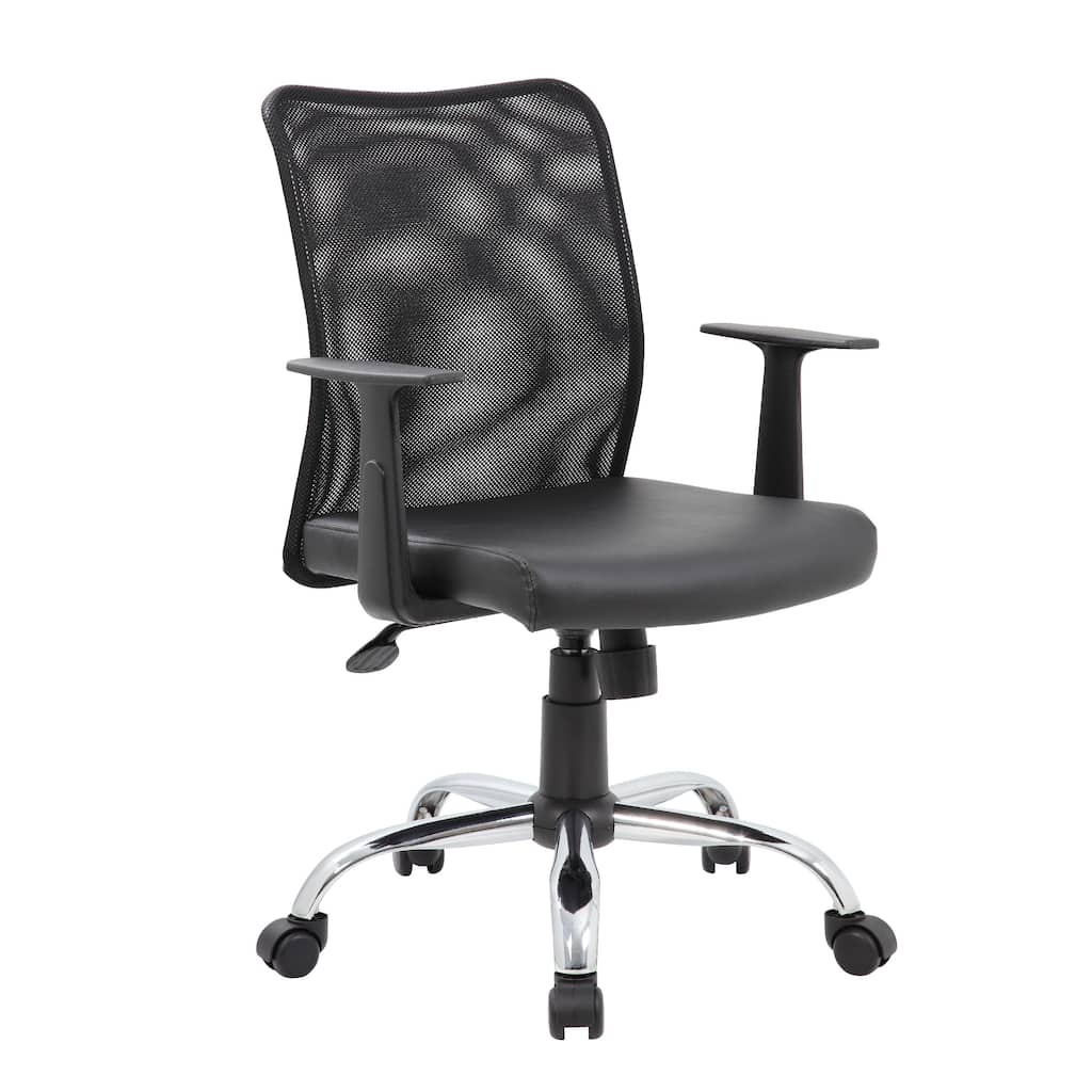 Lene Task Chair, T-Arms, Black Mesh and Caressoft Vinyl, Spring Tilt