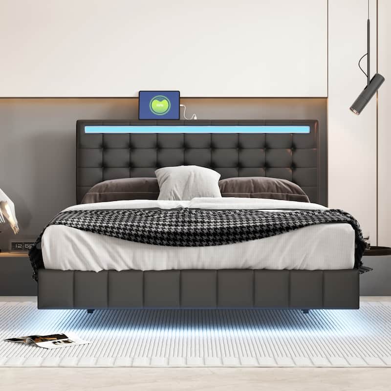 Queen Size Floating Bed Frame with LED Lights and USB Charging Bed