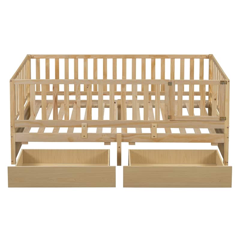 Twin Size Convertible Wood Daybed & Floor Bed with Fence Guardrails and 2 Drawers