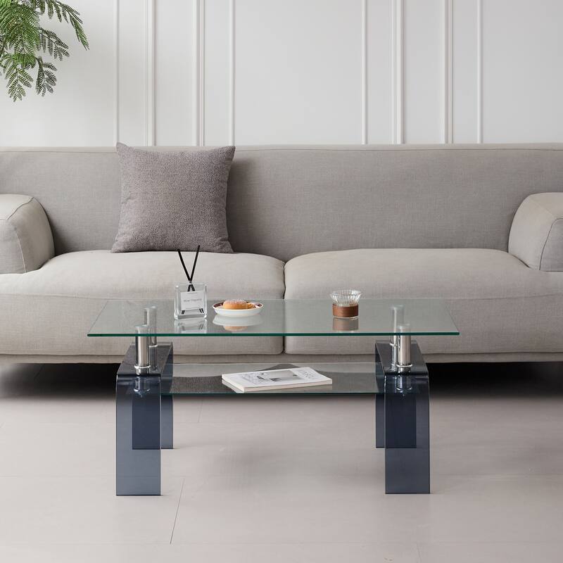 Modern Rectangular Clear Glass Coffee Table with 2-Tier Storage‌ - Transparent+Brown