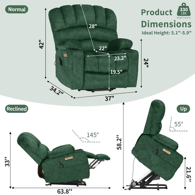Power Lift Recliner Chair, Oversized Shell Backrest Reclining Chair with Massage & Heat for Elderly