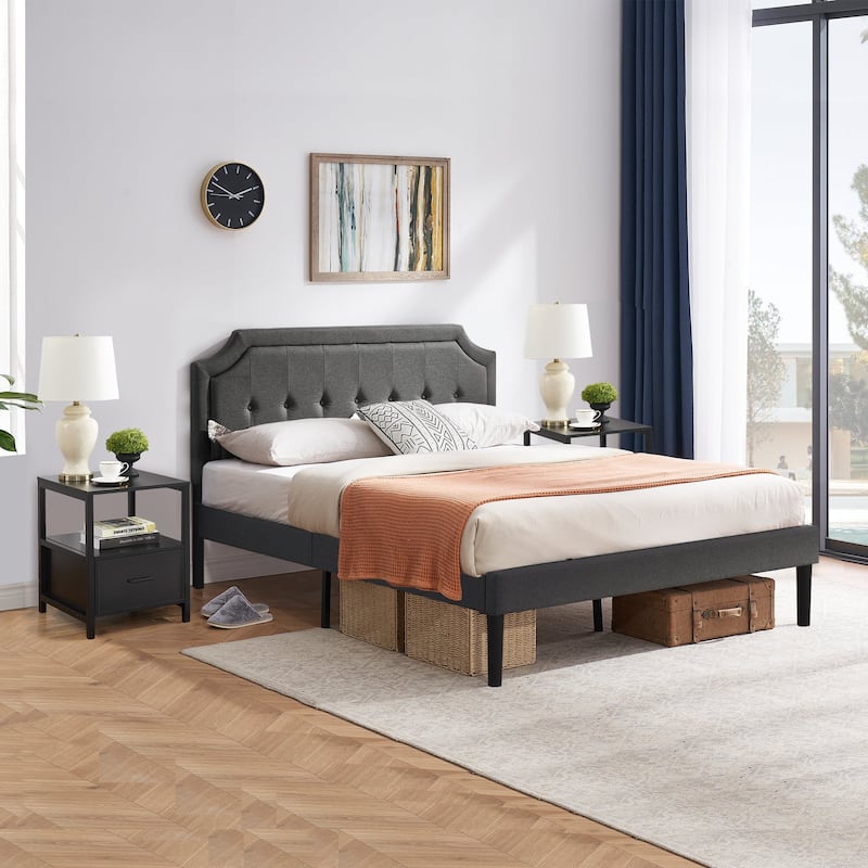 VECELO 3-Pieces Modern Upholstered Bed with Height Adjustable Headboard and Nightstands Sets