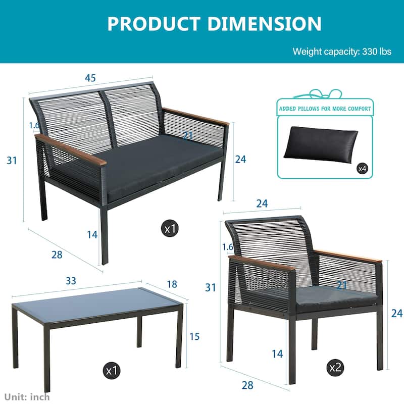 4-pc. Black Wicker Cord Patio Conversation Set