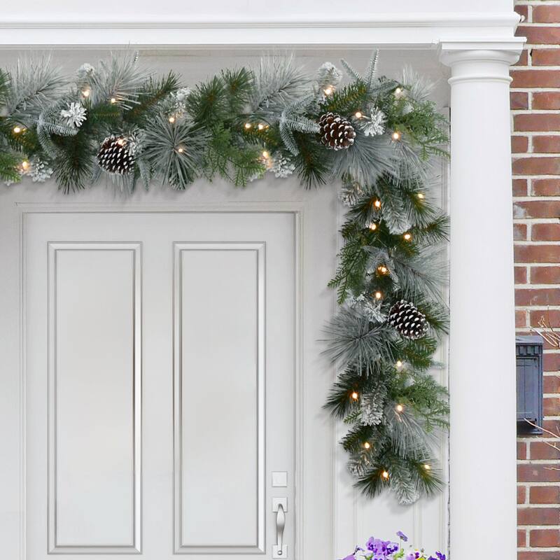 Puleo International 9' x 10" Pre-Lit Battery-Operated Flocked Garland