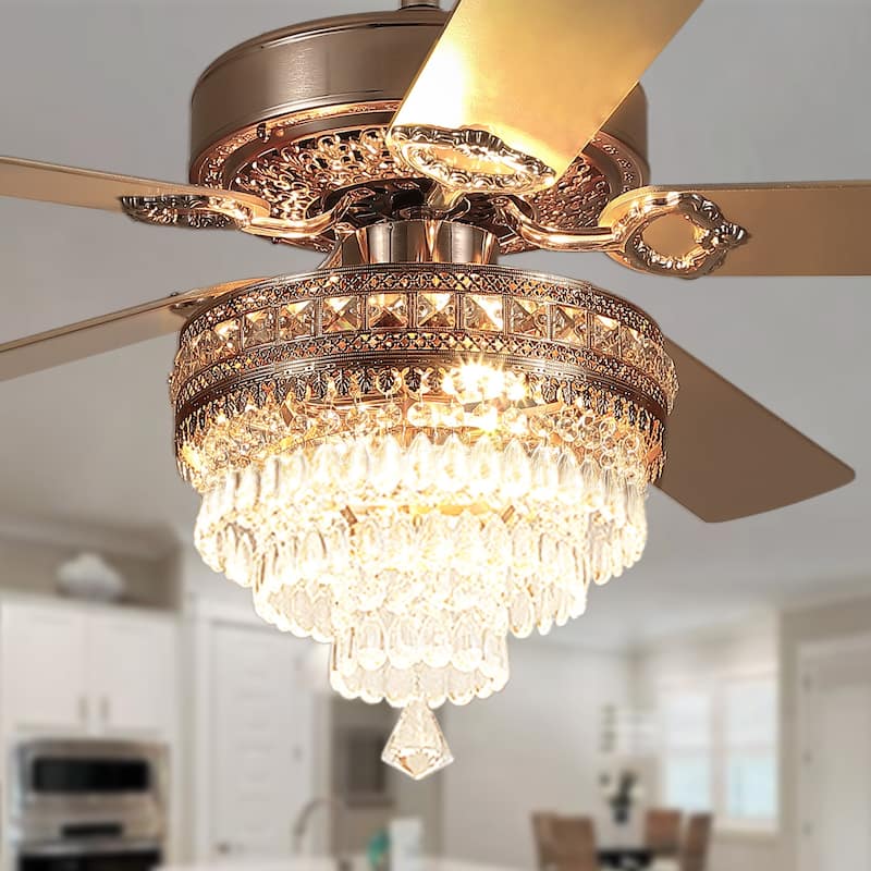 52" or 62" Crystal Ceiling Fan with Lights, Chandelier Ceiling Fans Lights with 6-Speed, APP Control, Dimmable, Timer - 52 Inches - Gold