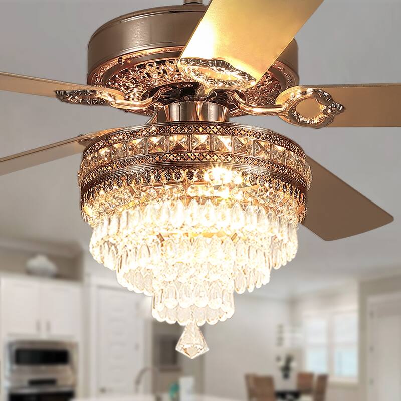 52 Inches Crystal Ceiling Fan Light,Chandelier,APP and Remote Control,5 Dual Side Plywood Blades,Reversible AC Motor - 52 Inches - Gold