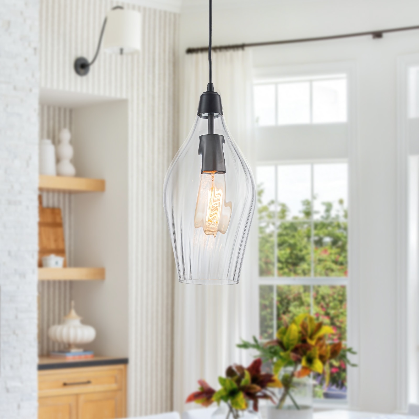 Modern Hanging Pendant Light Ribbed Clear Glass Shade Kitchen Island - Dia.6.3inch